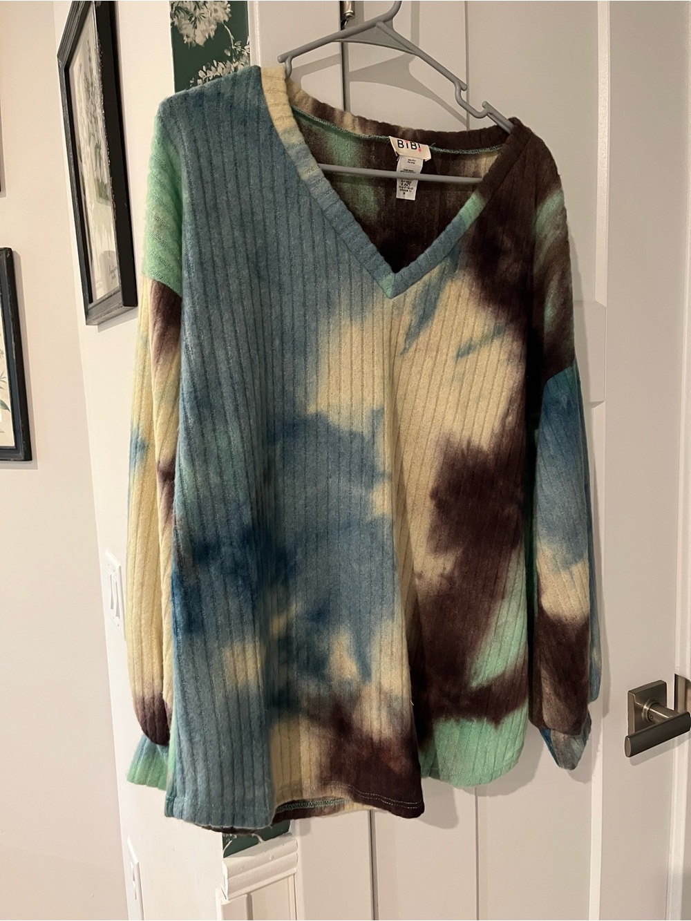 BiBi Tie-Dye Ribbed V-Neck Sweater in Blue, Green, Brown, Cream NWOT